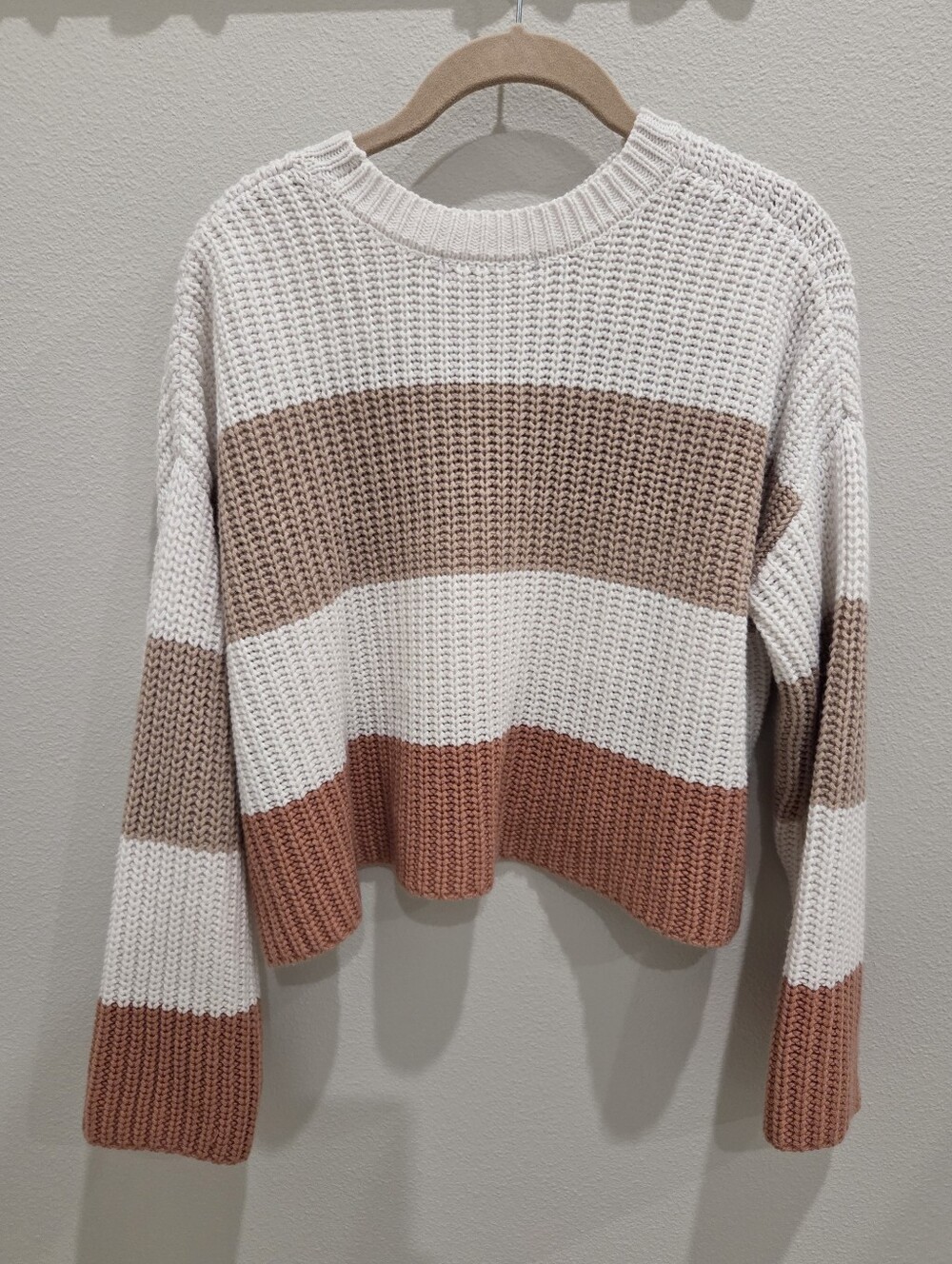 Small Cropped Chunky Striped Crewneck Sweater in Cream, Terracotta & Tan